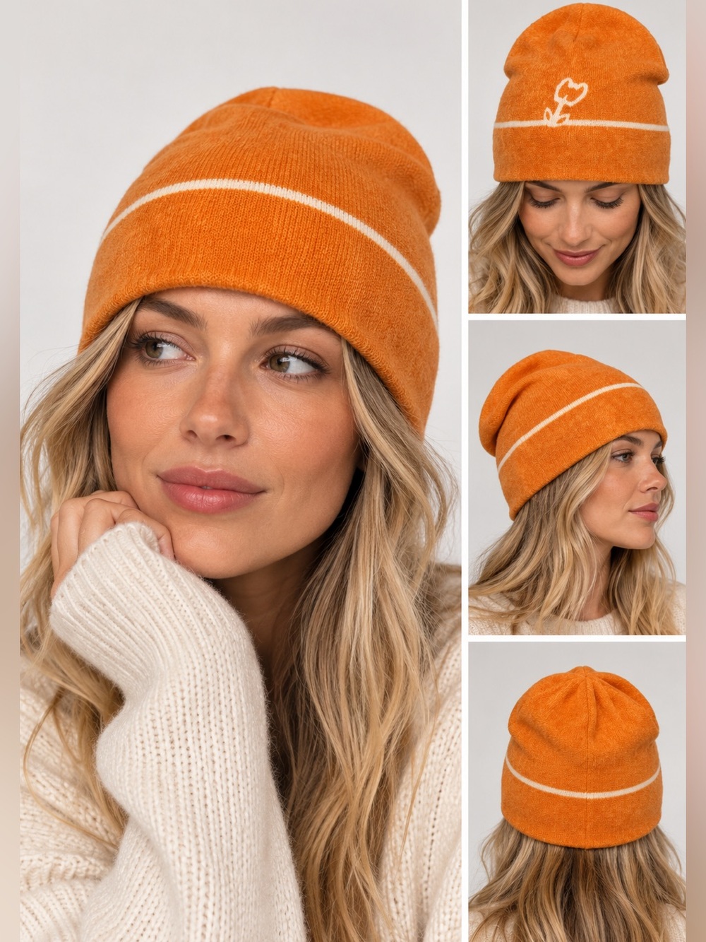 Patrizia Pepe 100% Cashmere Orange Knit Beanie Hat One Size
